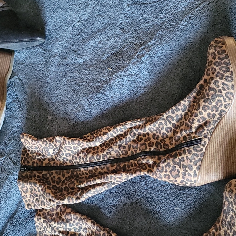 Leopard print knee high, wedge boots